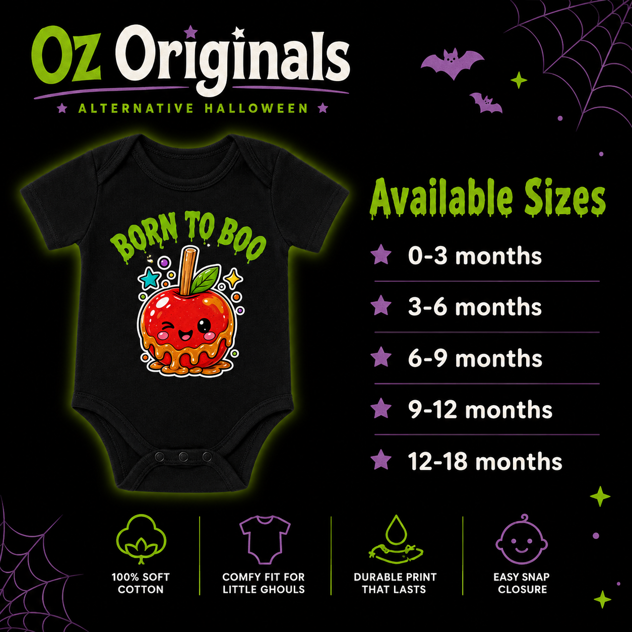 Born to Boo Baby Vest, Halloween Caramel Apple Bodysuit, Alternative Baby Clothes, October Oddities - OctOdd005 🍎 💚