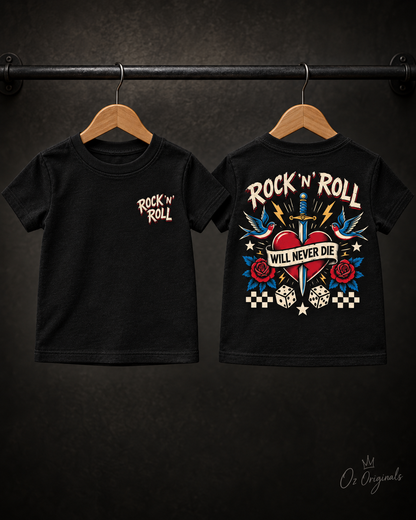 Rock ’N’ Roll Will Never Die Toddler T-Shirt | Black Alternative Kids Tee