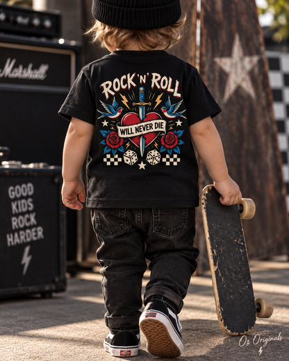 Rock ’N’ Roll Will Never Die Toddler T-Shirt | Black Alternative Kids Tee