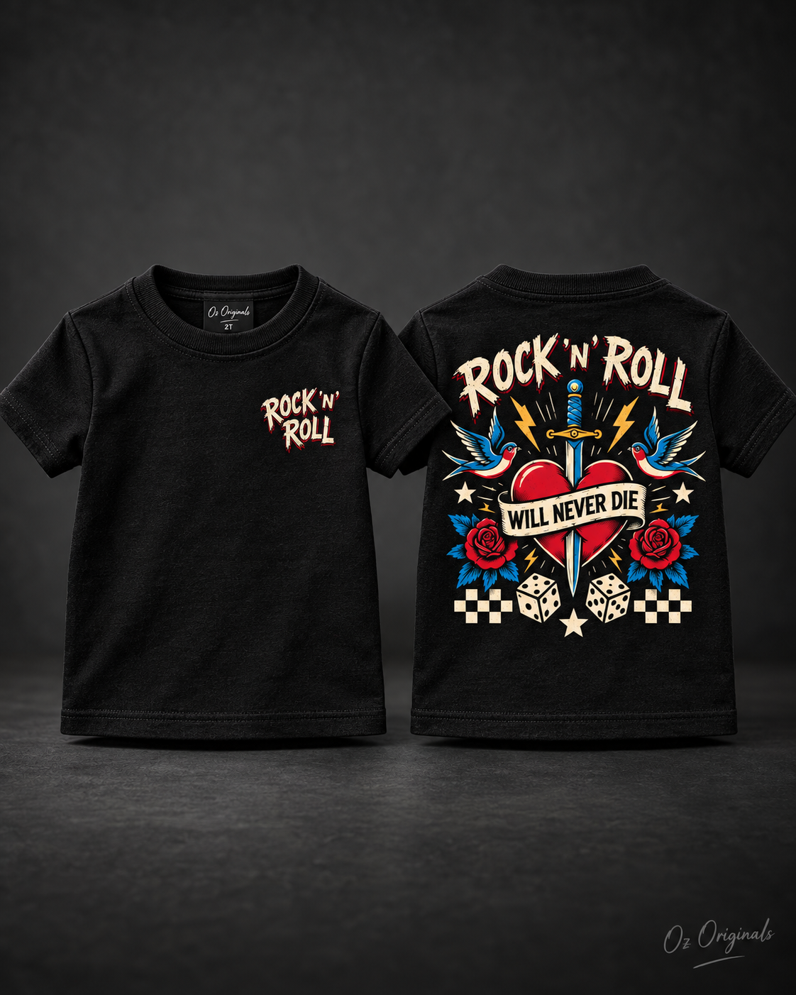 Rock ’N’ Roll Will Never Die Toddler T-Shirt | Black Alternative Kids Tee