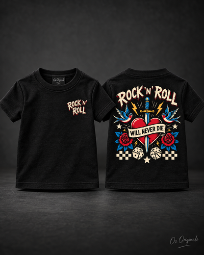 Rock ’N’ Roll Will Never Die Toddler T-Shirt | Black Alternative Kids Tee