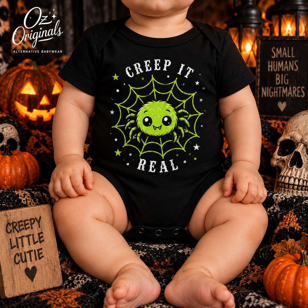 Creep It Real Black Baby Vest | Alternative Halloween Babywear | October Oddities 💚 🕷️