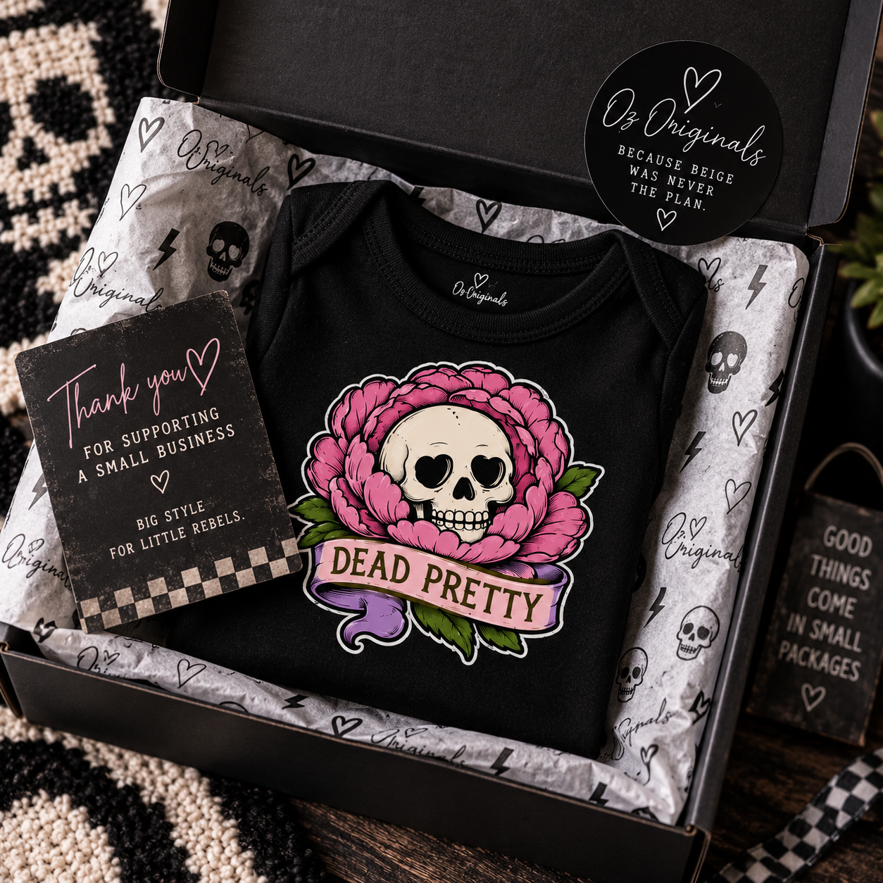 Dead Pretty Baby Vest | Skull & Pink Flower Alternative Baby Bodysuit | Gothic Baby Clothes flower 🩷