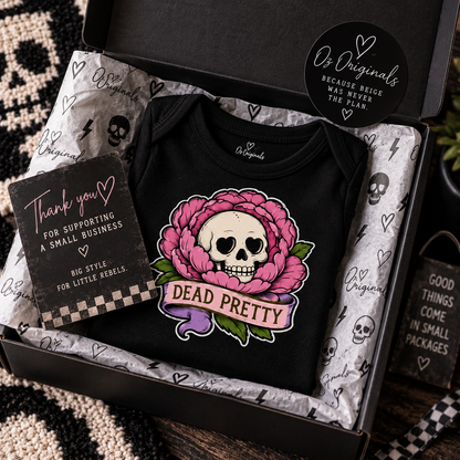 Dead Pretty Baby Vest | Skull & Pink Flower Alternative Baby Bodysuit | Gothic Baby Clothes flower 🩷