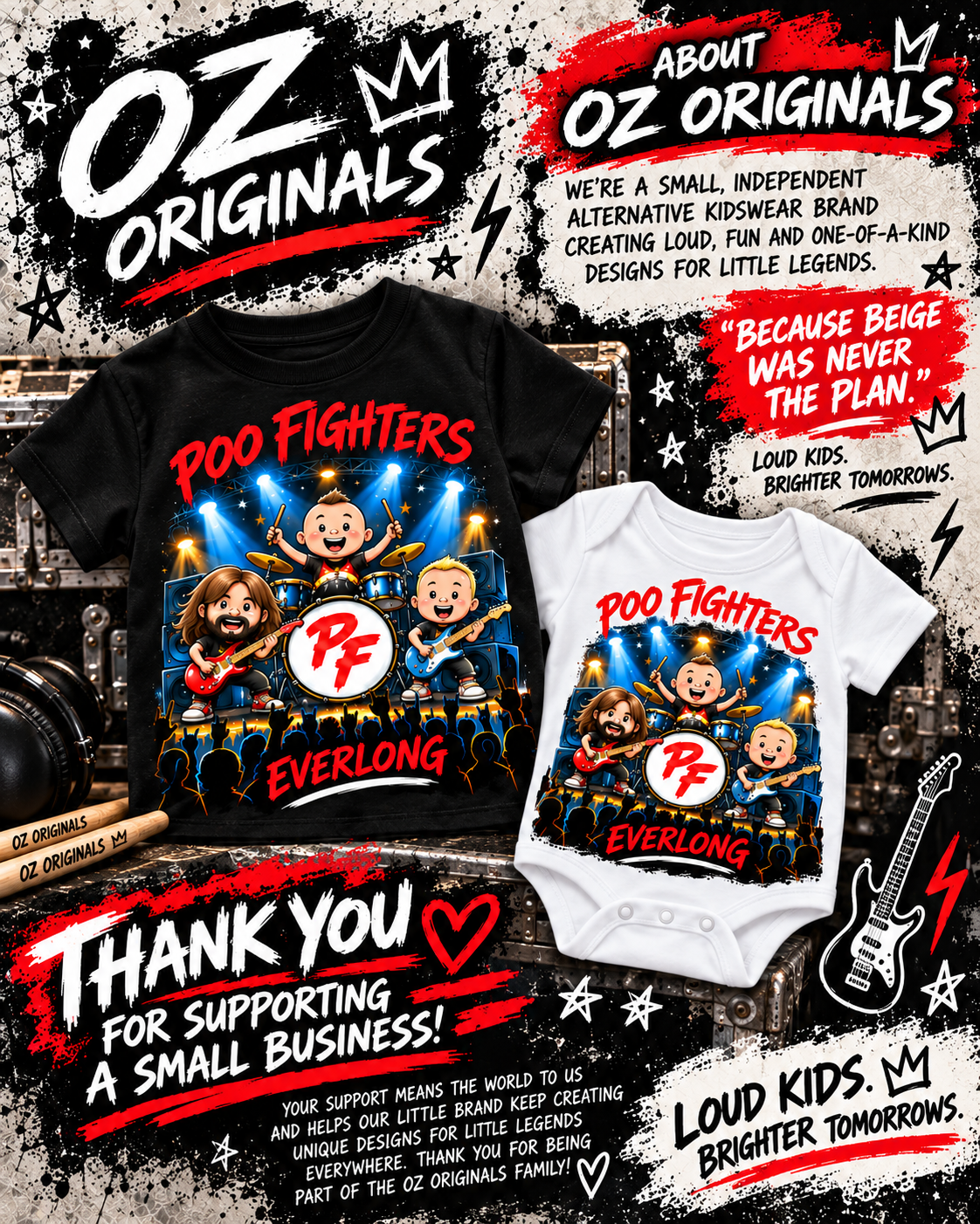 Poo Fighters Everlong Toddler T-Shirt – Alternative Rock Kids Tee – Black or White