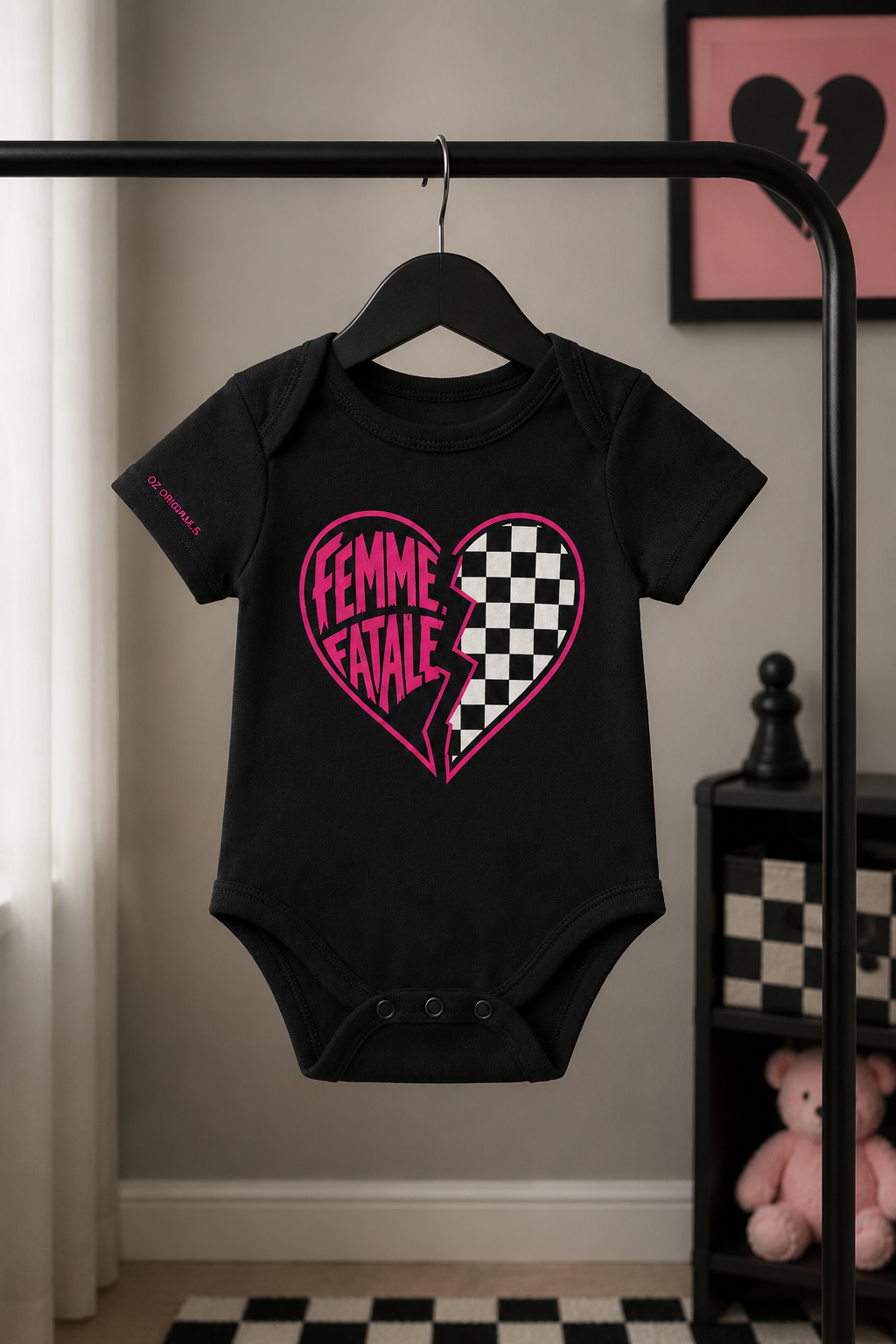 Femme Fatale Baby Vest | Pink Checkerboard Alternative Baby Bodysuit | Punk Baby Clothes 🩷⚡️