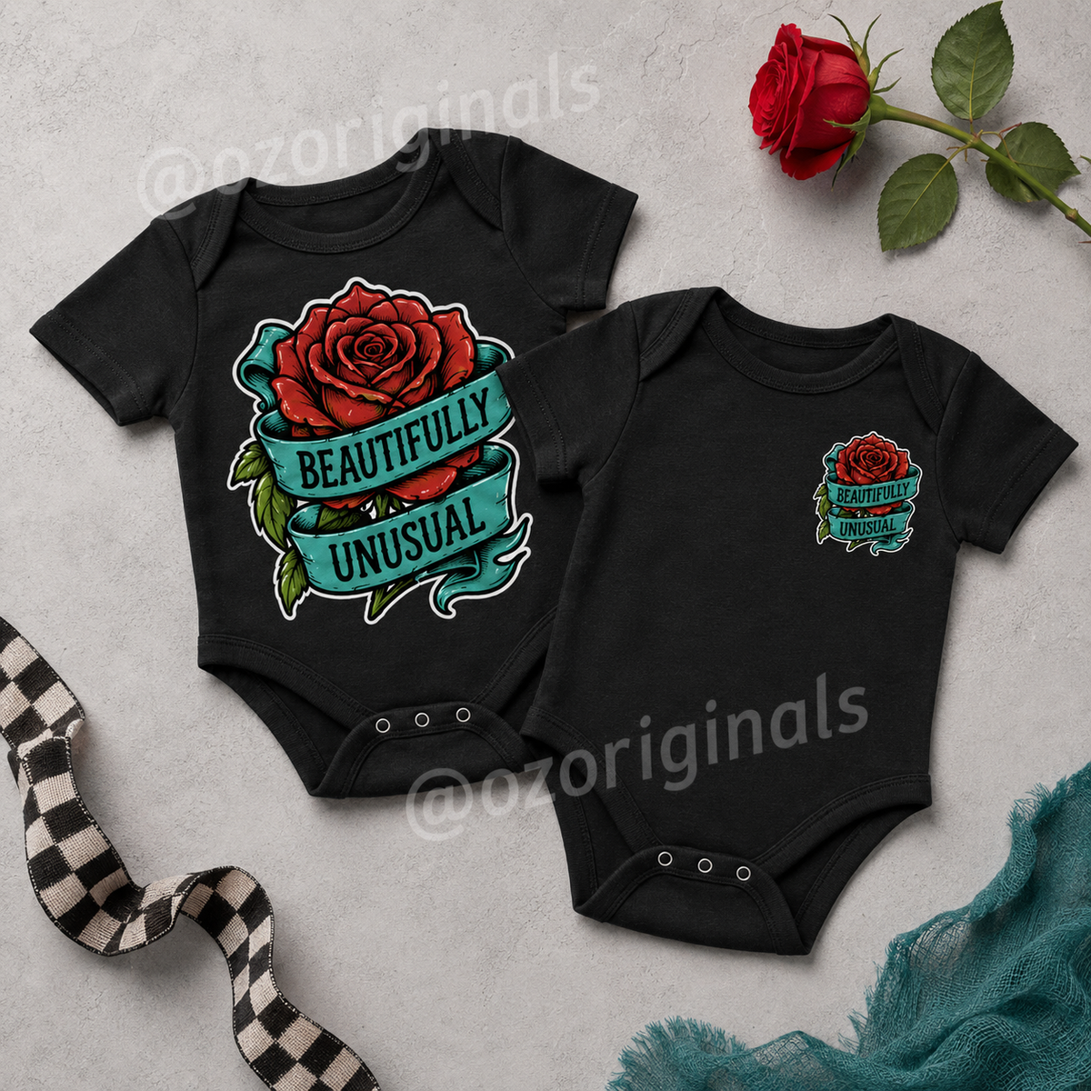 Beautifully Unusual Rose Baby Vest | 2 Print Layout Options | Alternative Tattoo Style Baby Bodysuit 🌹🖤
