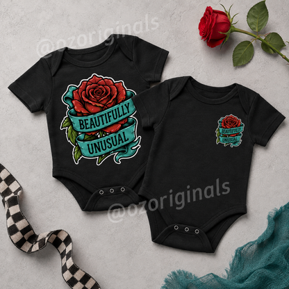 Beautifully Unusual Rose Baby Vest | 2 Print Layout Options | Alternative Tattoo Style Baby Bodysuit 🌹🖤