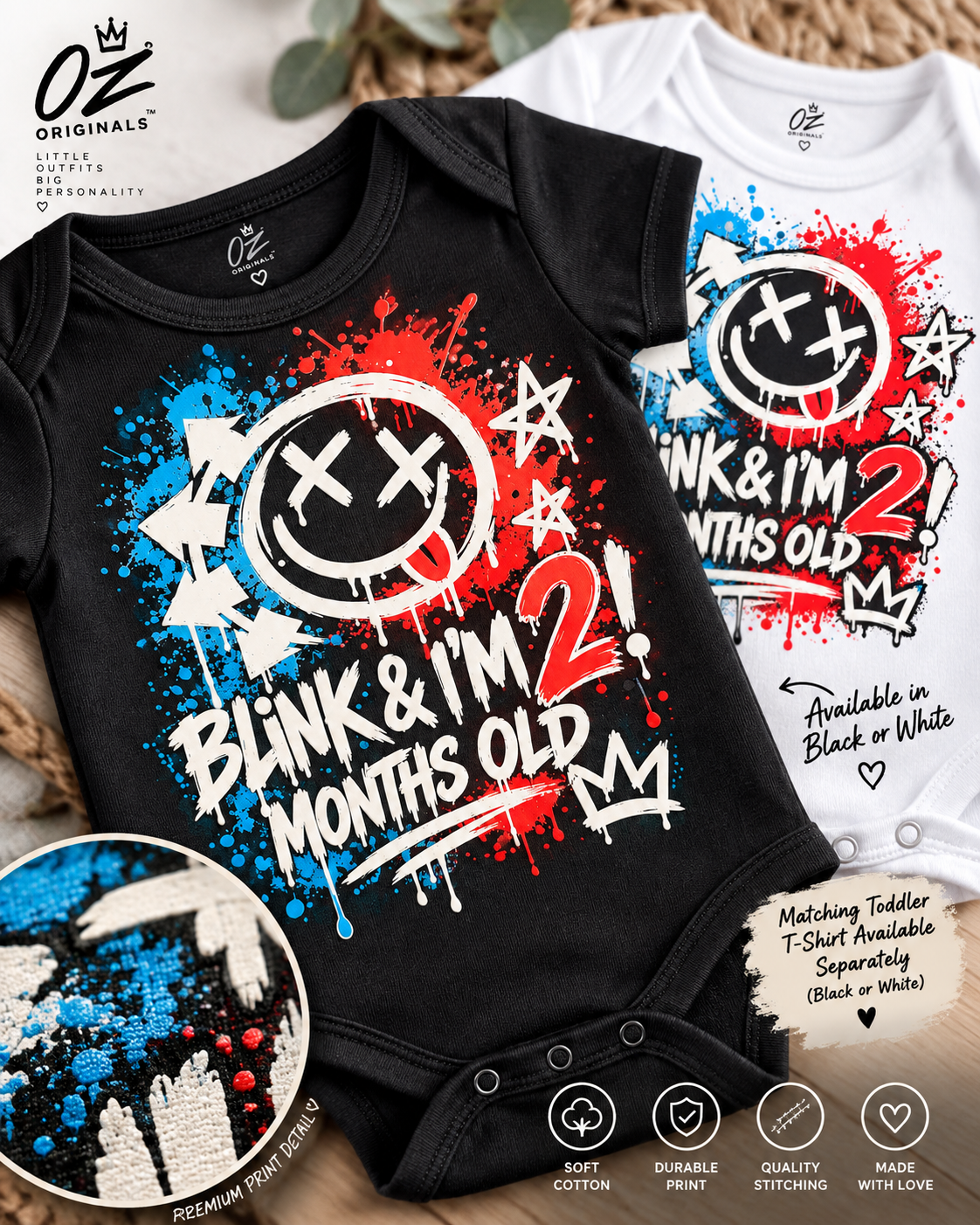 Blink & I’m 2 Months Old Baby Vest – Black or White | Alternative Baby Clothing
