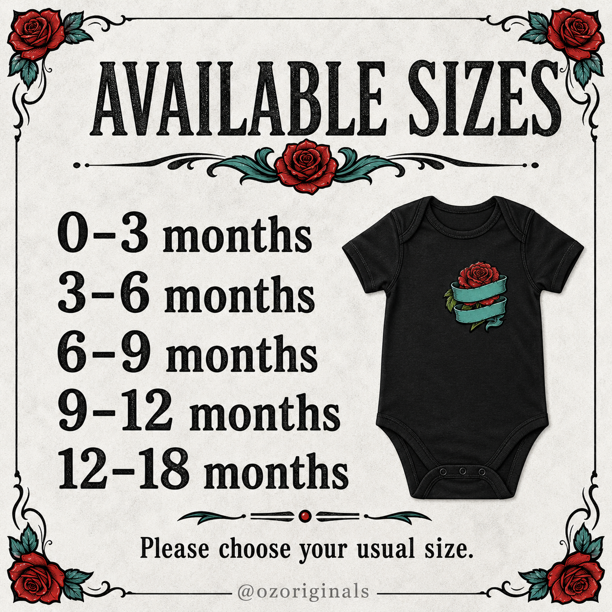 Beautifully Unusual Rose Baby Vest | 2 Print Layout Options | Alternative Tattoo Style Baby Bodysuit 🌹🖤