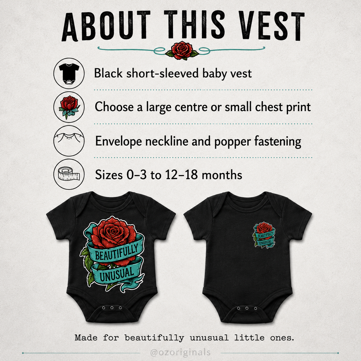 Beautifully Unusual Rose Baby Vest | 2 Print Layout Options | Alternative Tattoo Style Baby Bodysuit 🌹🖤