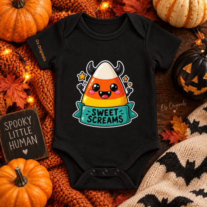 Sweet Screams Halloween Baby Vest – Black Alternative Candy Corn Bodysuit 🍭 🧡