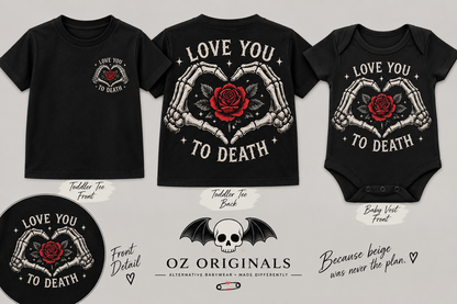 Love You to Death Toddler Tee | Gothic Skeleton Heart & Rose Alternative Kids T-Shirt