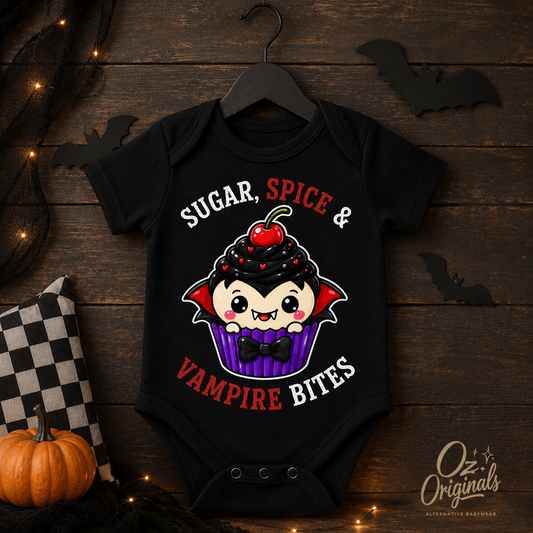 Halloween Baby Vest, Sugar Spice & Vampire Bites, Cute Vampire Cupcake Bodysuit, Alternative Goth Baby Outfit, October Oddities