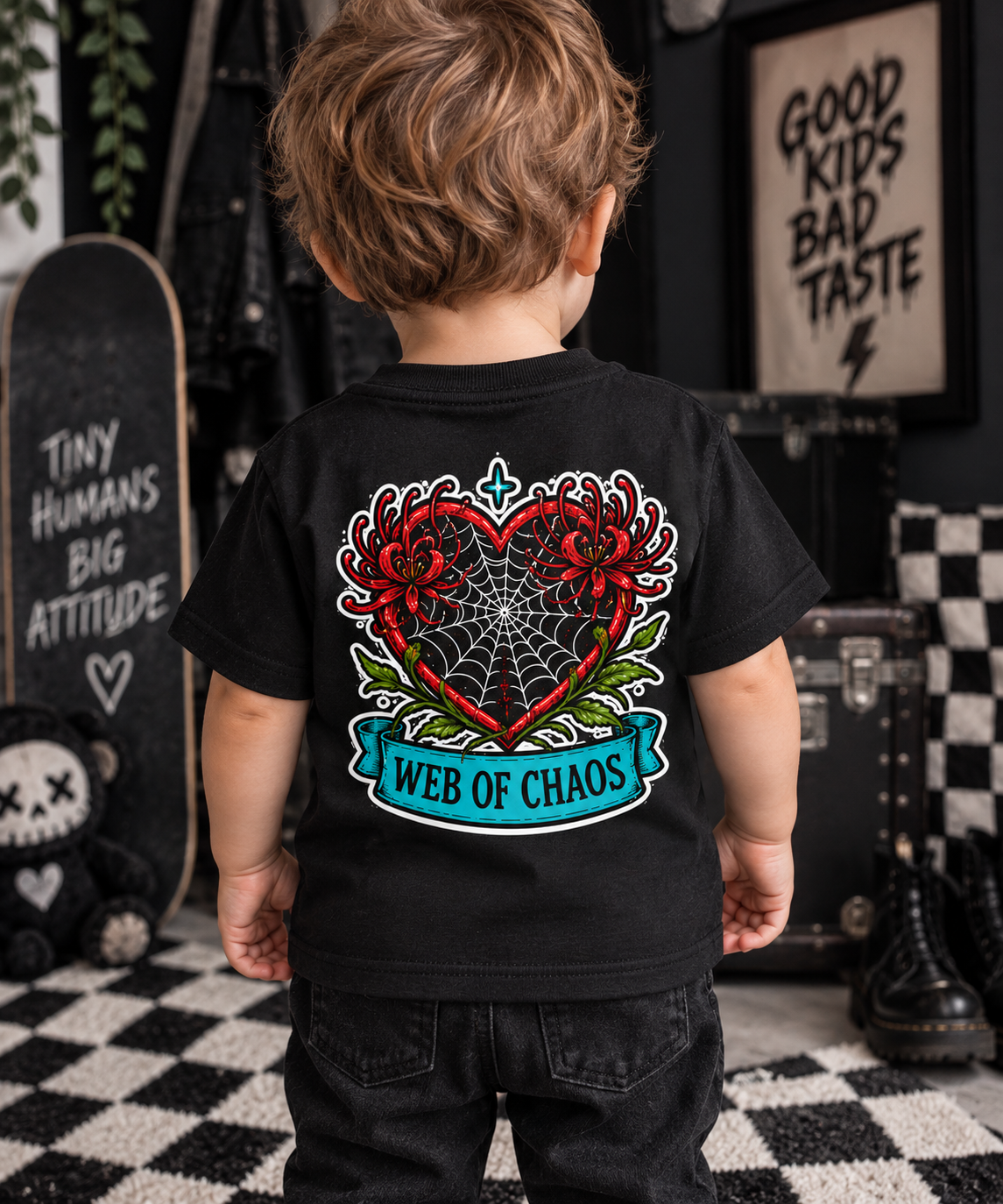 Web of Chaos Toddler T-Shirt | Alternative Gothic Kids Tee | Front & Back Print