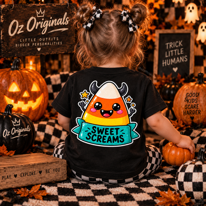 Sweet Screams Toddler T-Shirt – Black Halloween Candy Corn Tee 🍬 🧡