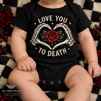 Love You to Death Gothic Baby Vest – Black Skeleton Heart & Red Rose Bodysuit