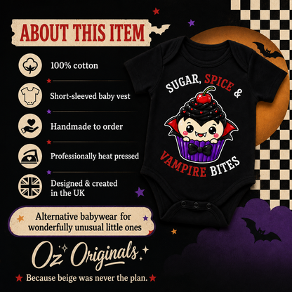 Halloween Baby Vest, Sugar Spice & Vampire Bites, Cute Vampire Cupcake Bodysuit, Alternative Goth Baby Outfit, October Oddities