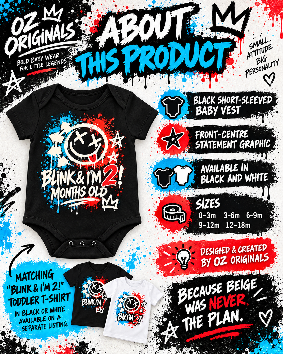 Blink & I’m 2 Months Old Baby Vest – Black or White | Alternative Baby Clothing