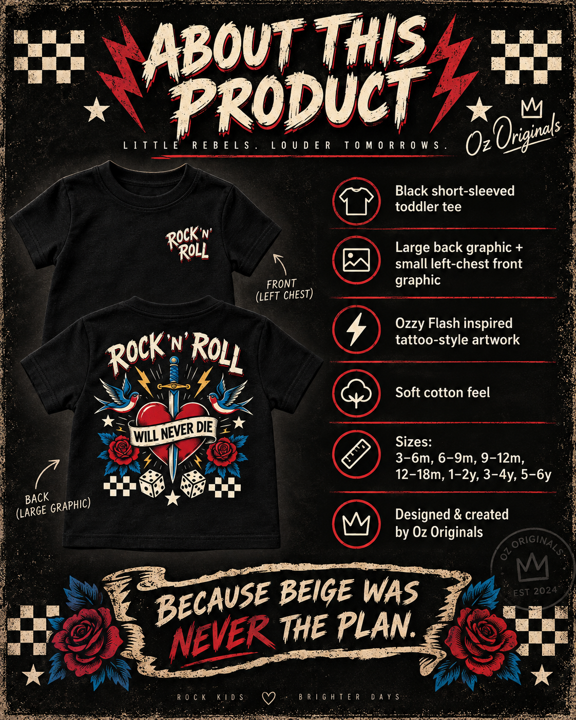 Rock ’N’ Roll Will Never Die Toddler T-Shirt | Black Alternative Kids Tee