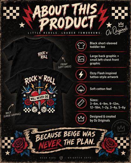 Rock ’N’ Roll Will Never Die Toddler T-Shirt | Black Alternative Kids Tee