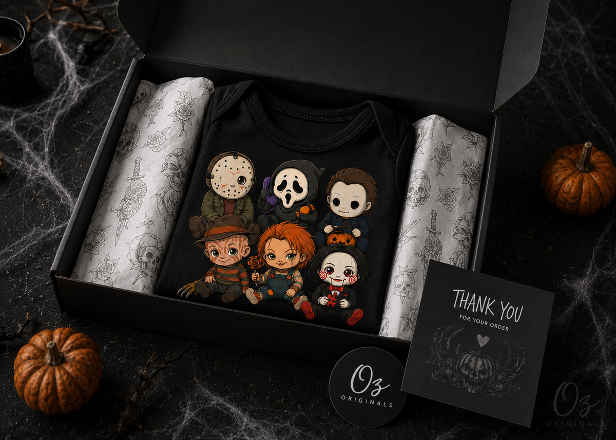 Little Horror Icons Black Baby Vest – Choose Your Character or Group