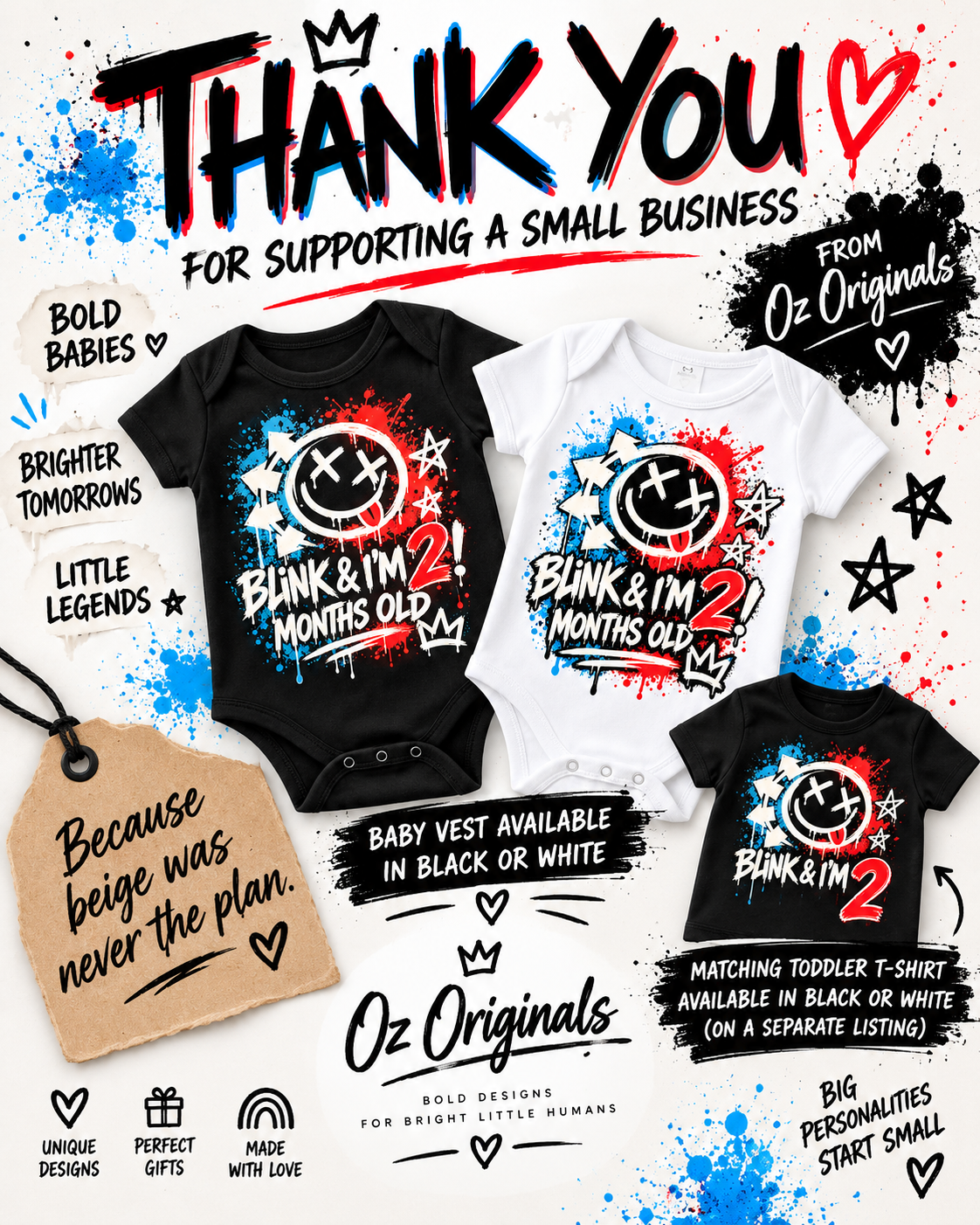 Blink & I’m 2 Months Old Baby Vest – Black or White | Alternative Baby Clothing