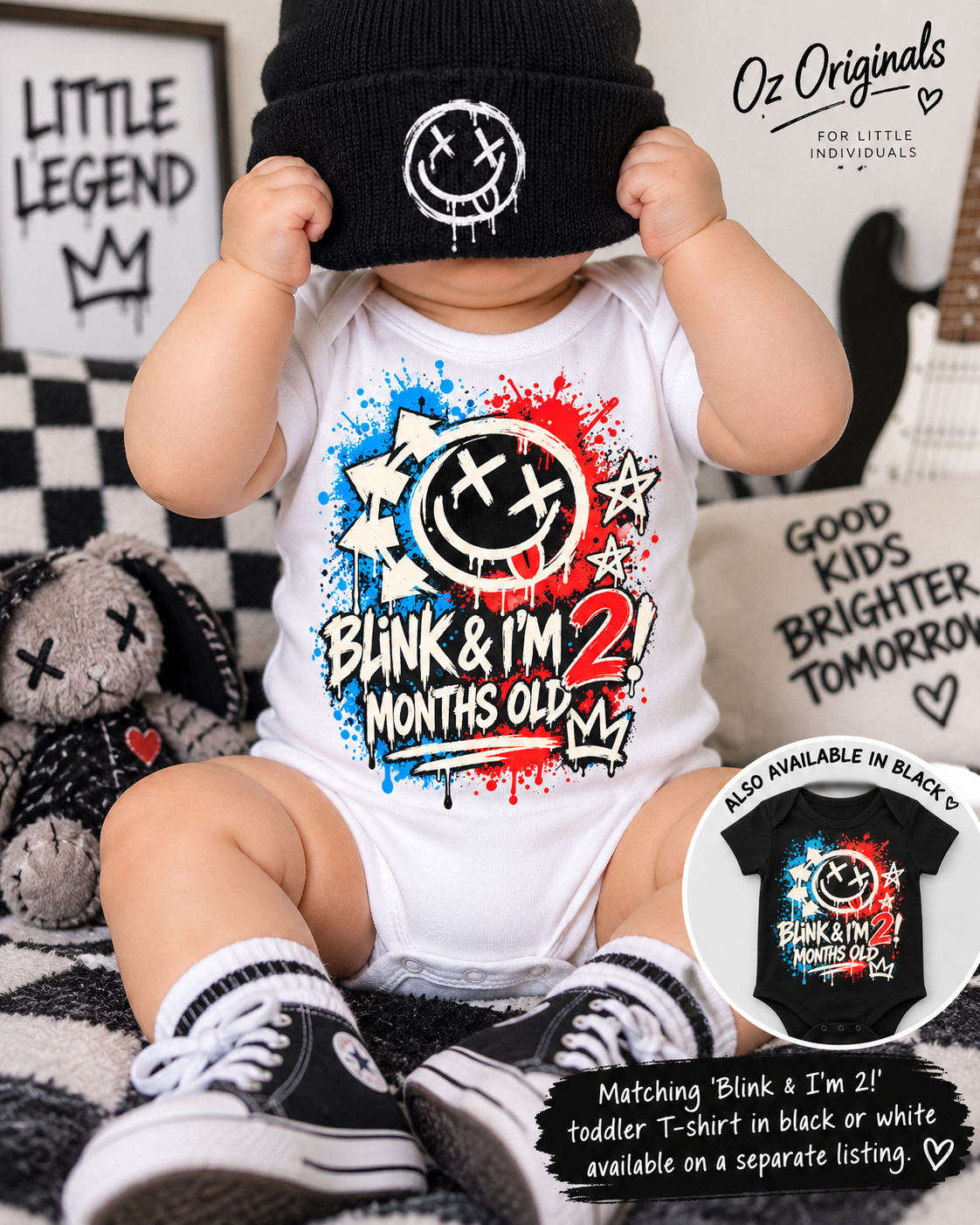 Blink & I’m 2 Months Old Baby Vest – Black or White | Alternative Baby Clothing