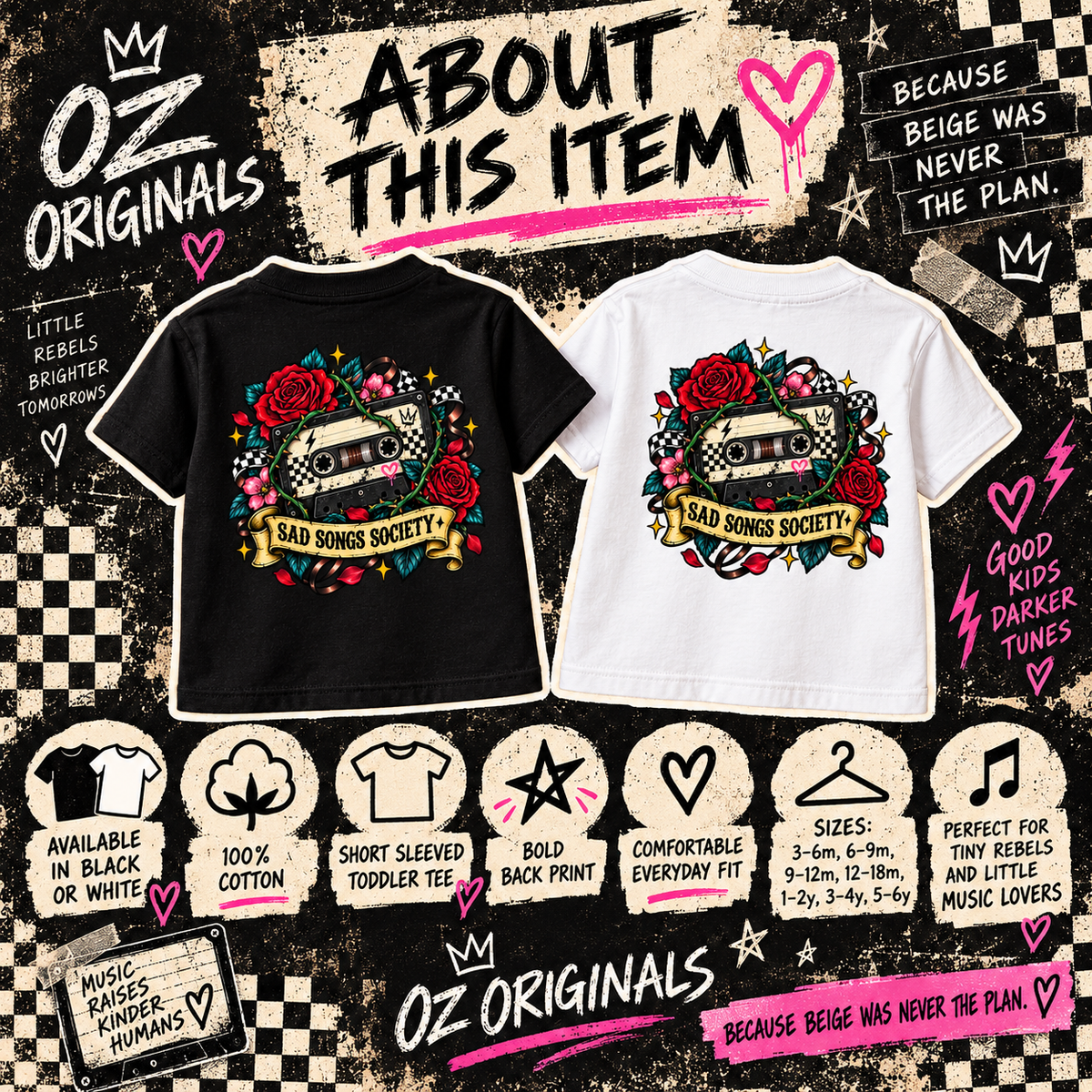 Sad Songs Society Toddler T-Shirt | Alternative Kids Tee | Cassette Mixtape Emo Punk Tee | Black or White