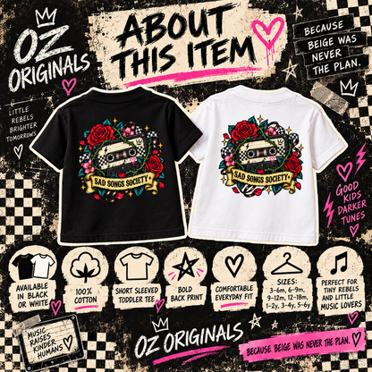 Sad Songs Society Toddler T-Shirt | Alternative Kids Tee | Cassette Mixtape Emo Punk Tee | Black or White