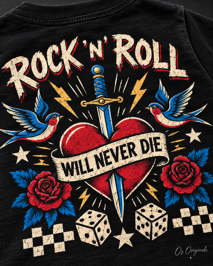 Rock ’N’ Roll Will Never Die Toddler T-Shirt | Black Alternative Kids Tee