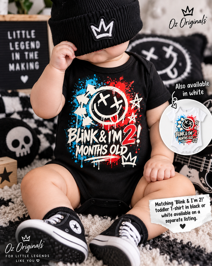 Blink & I’m 2 Months Old Baby Vest – Black or White | Alternative Baby Clothing