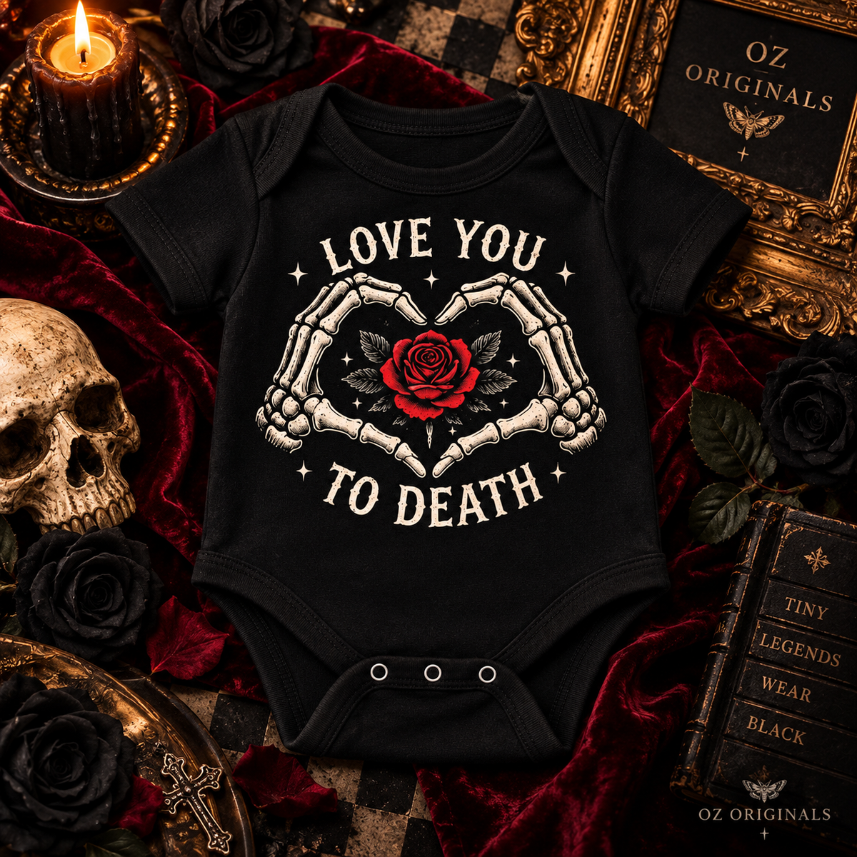 Love You to Death Gothic Baby Vest – Black Skeleton Heart & Red Rose Bodysuit