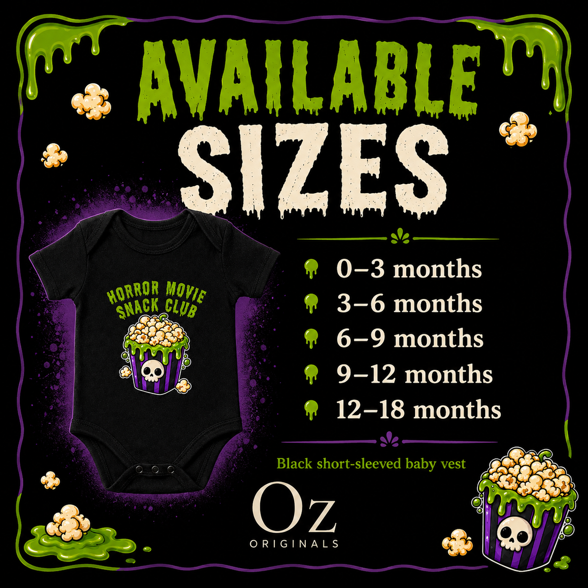 Horror Movie Snack Club Baby Vest | Halloween Baby Clothes | Alternative Baby Bodysuit | Spooky Baby Gift | Goth Baby Vest 🍿 💀
