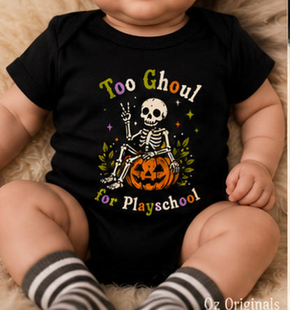 Too Ghoul for Playschool Halloween Baby Vest, Skeleton Pumpkin Bodysuit, Alternative Spooky Baby Outfit 💀