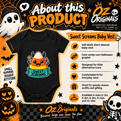 Sweet Screams Halloween Baby Vest – Black Alternative Candy Corn Bodysuit 🍭 🧡