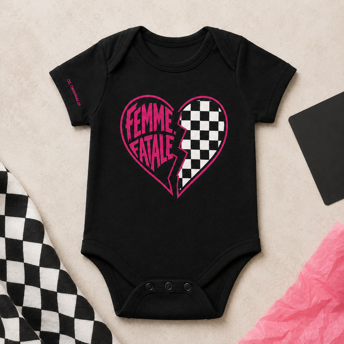 Femme Fatale Baby Vest | Pink Checkerboard Alternative Baby Bodysuit | Punk Baby Clothes 🩷⚡️