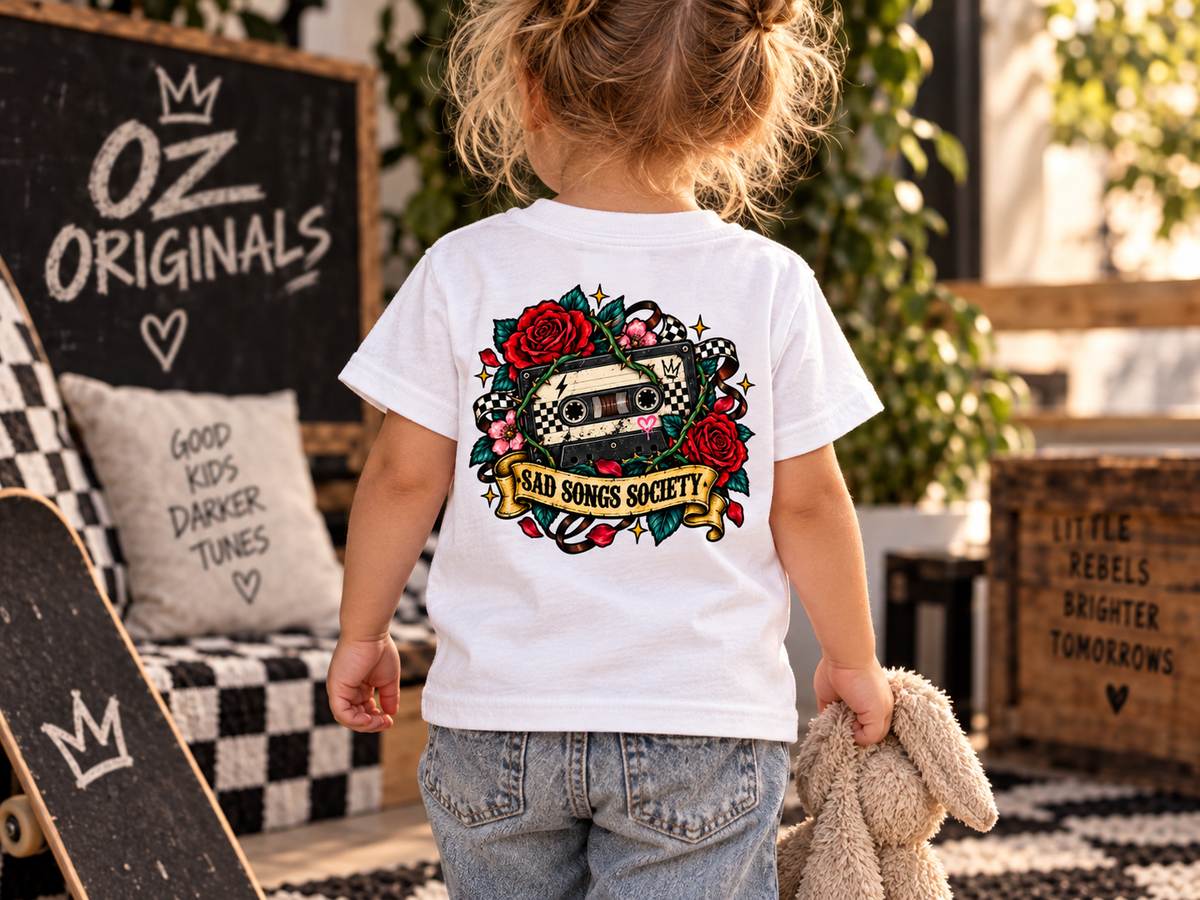 Sad Songs Society Toddler T-Shirt | Alternative Kids Tee | Cassette Mixtape Emo Punk Tee | Black or White