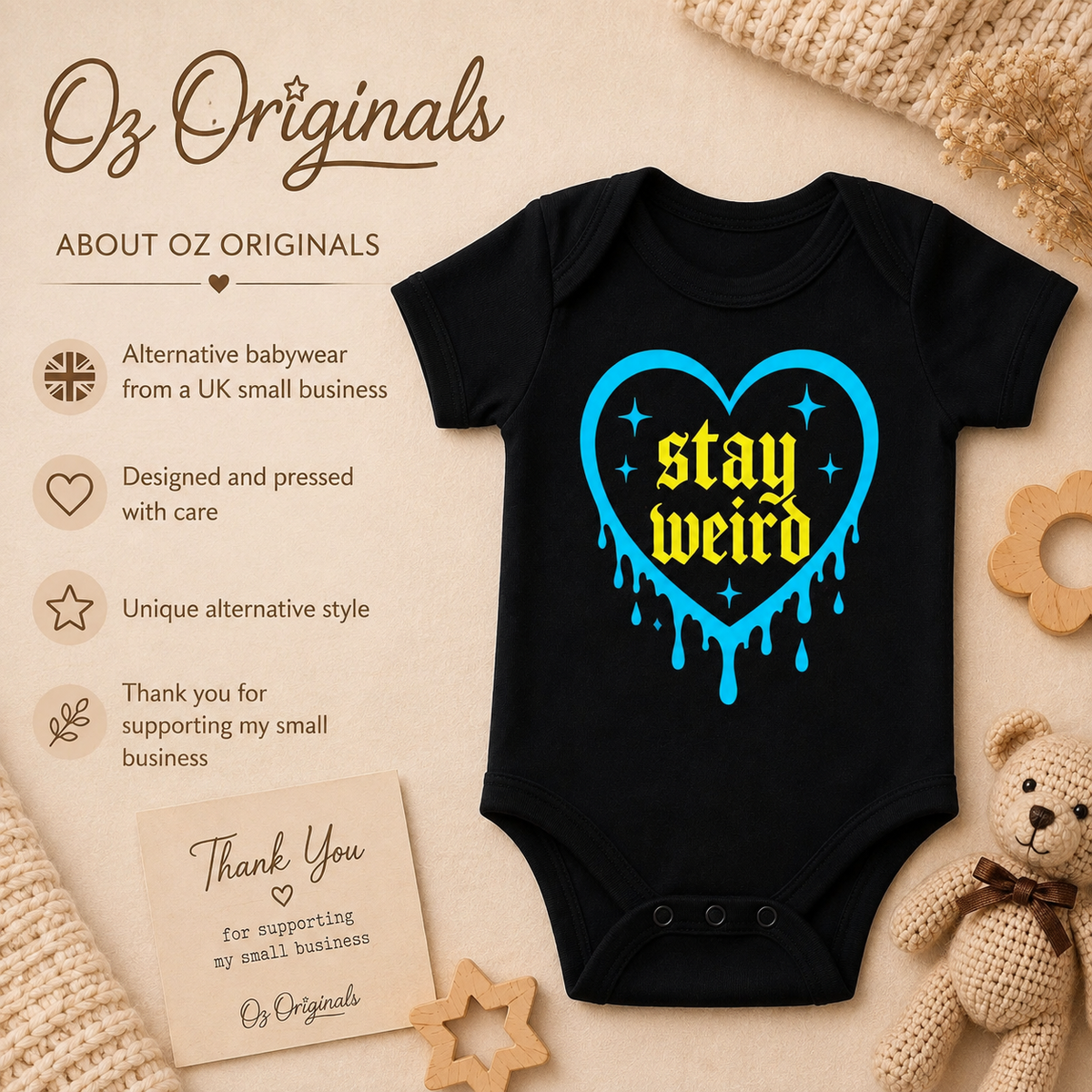 Stay Weird Baby Vest | Halloween Baby Clothes | Alternative Baby Bodysuit | Goth Baby Vest | Spooky Baby Gift | October Oddities 🩷💚