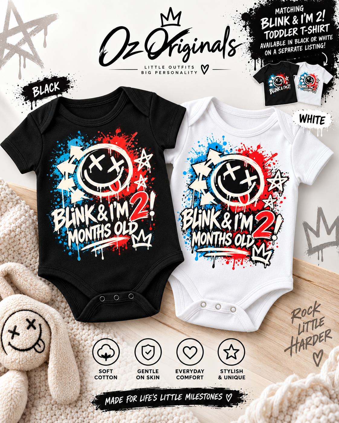Blink & I’m 2 Months Old Baby Vest – Black or White | Alternative Baby Clothing