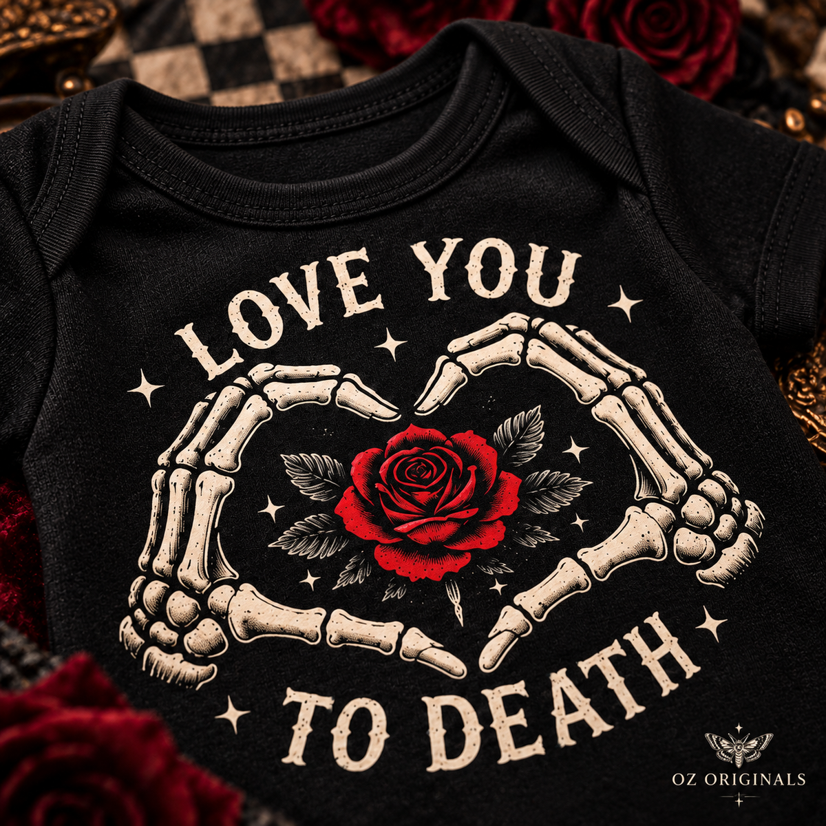 Love You to Death Gothic Baby Vest – Black Skeleton Heart & Red Rose Bodysuit