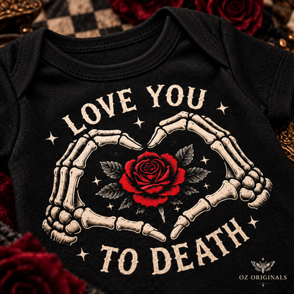 Love You to Death Gothic Baby Vest – Black Skeleton Heart & Red Rose Bodysuit