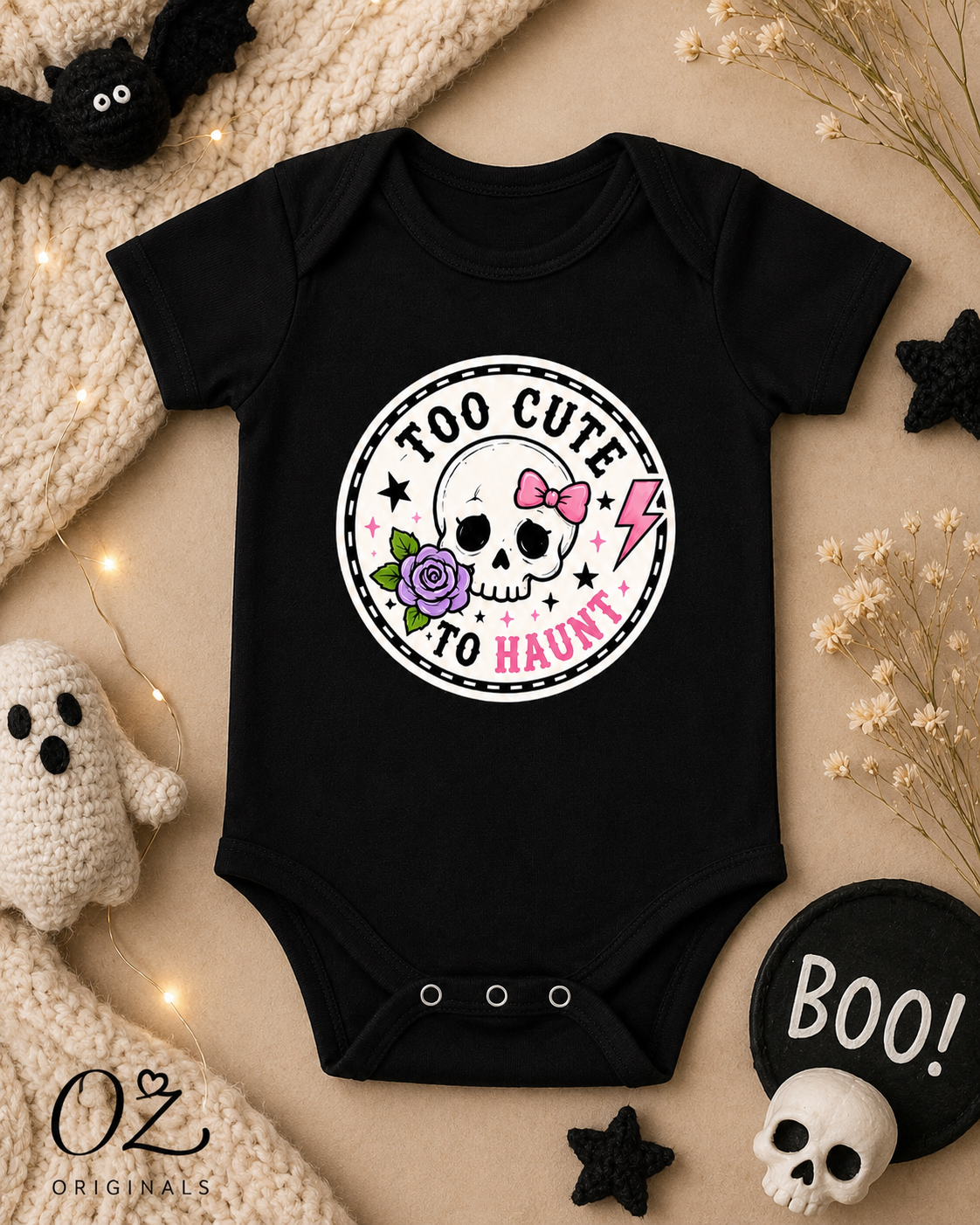 Too Cute to Haunt Halloween Baby Vest, Skull and Rose Bodysuit, Alternative Baby Girl Outfit, First Halloween Gift