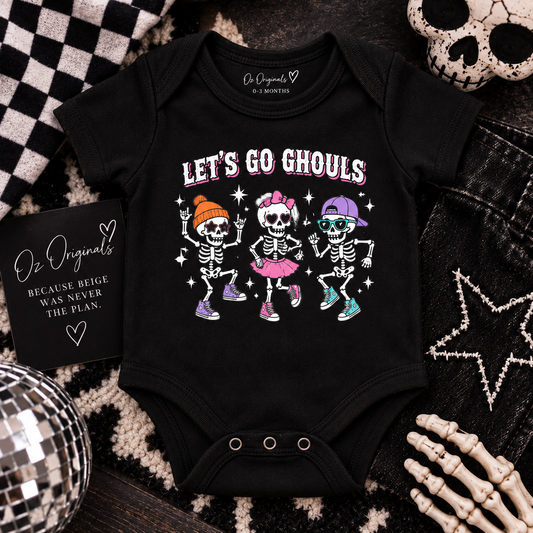 Let’s Go Ghouls Baby Vest | Dancing Skeleton Halloween Baby Bodysuit | October Oddities 💀🖤