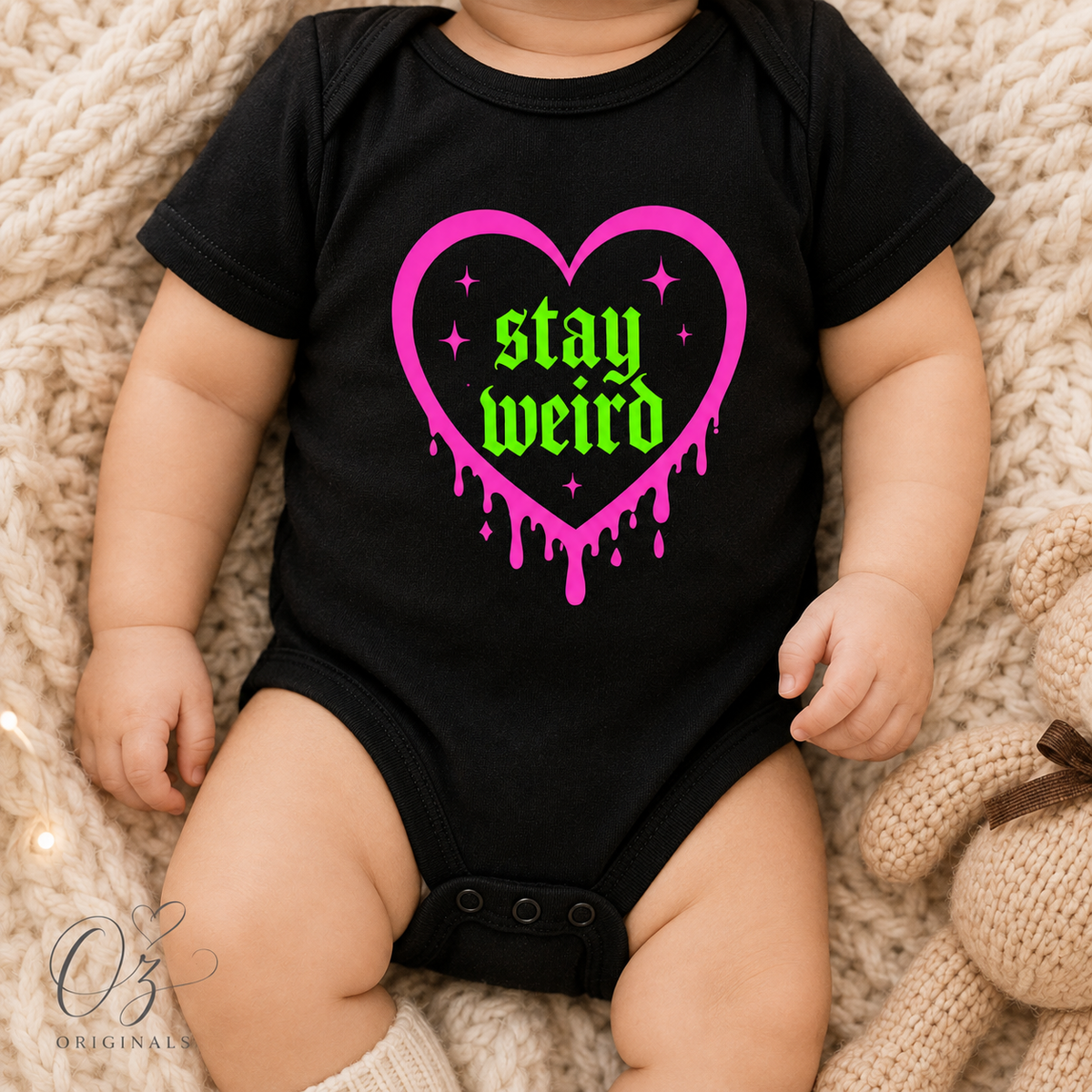 Stay Weird Baby Vest | Halloween Baby Clothes | Alternative Baby Bodysuit | Goth Baby Vest | Spooky Baby Gift | October Oddities 🩷💚