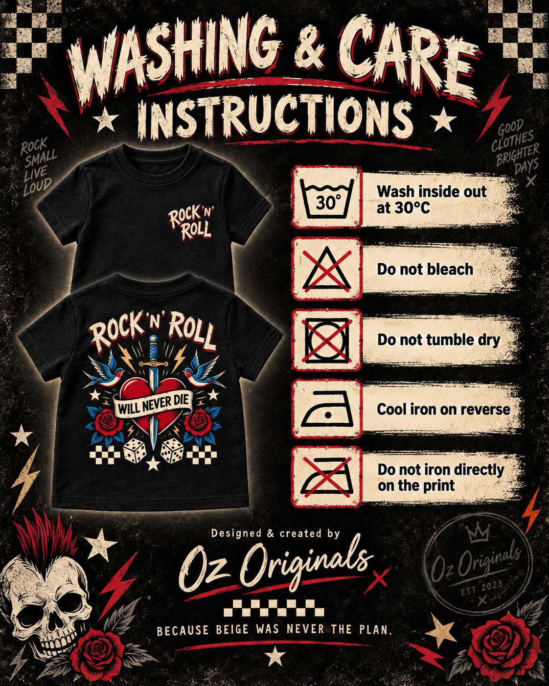 Rock ’N’ Roll Will Never Die Toddler T-Shirt | Black Alternative Kids Tee