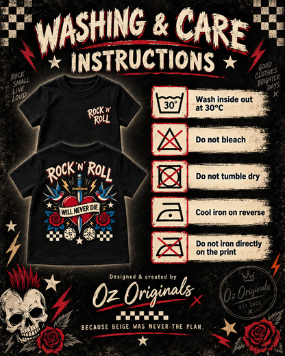 Rock ’N’ Roll Will Never Die Toddler T-Shirt | Black Alternative Kids Tee