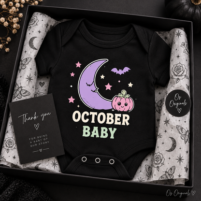 October Baby Halloween Moon & Pumpkin Black Baby Vest