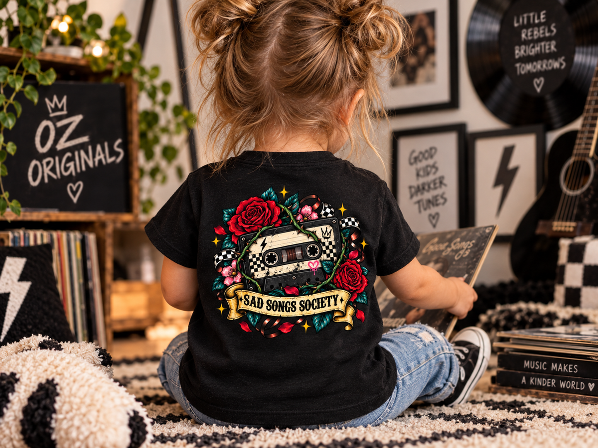 Sad Songs Society Toddler T-Shirt | Alternative Kids Tee | Cassette Mixtape Emo Punk Tee | Black or White