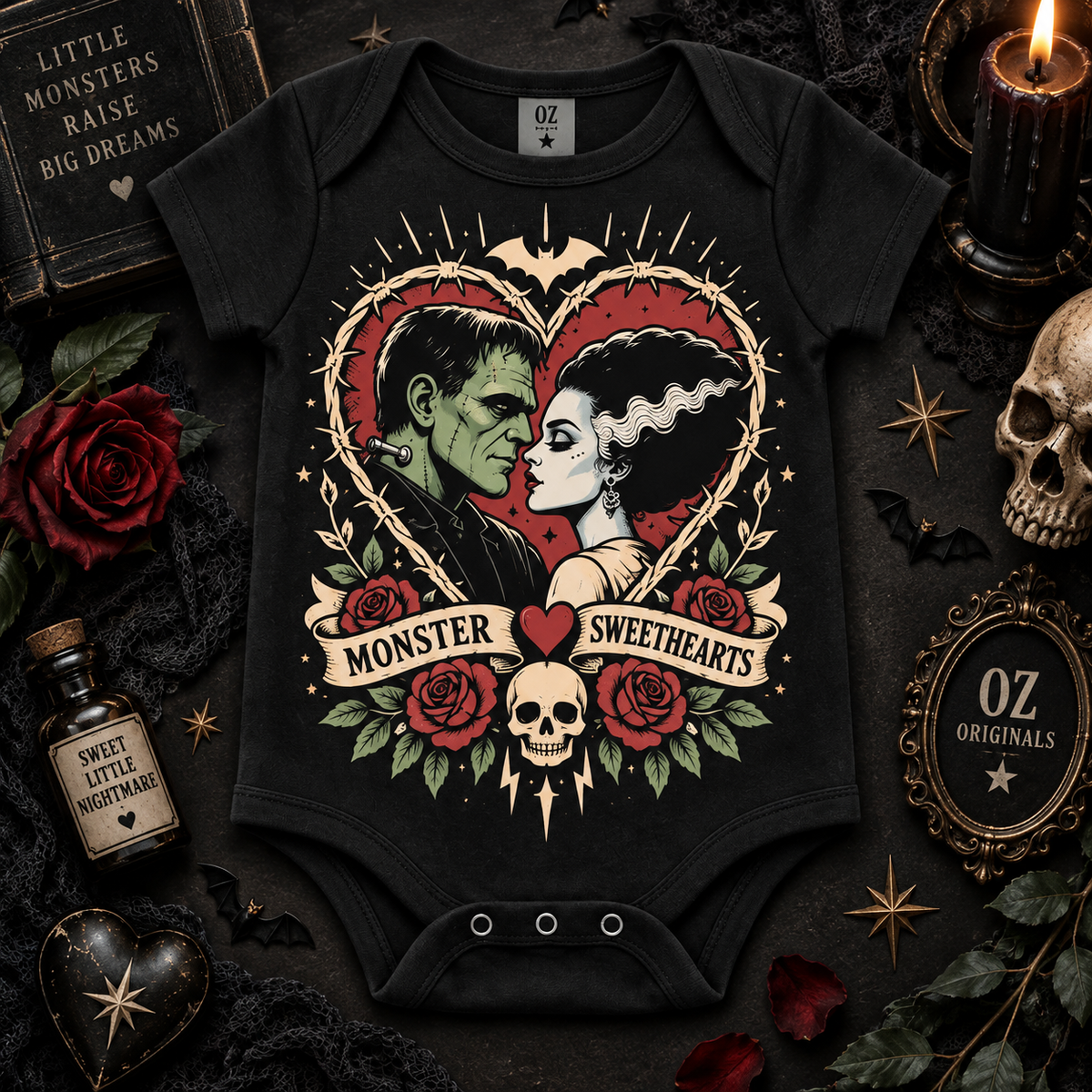 Monster Sweethearts Baby Vest | Gothic Tattoo Flash Alternative Babywear ❤️⚡️